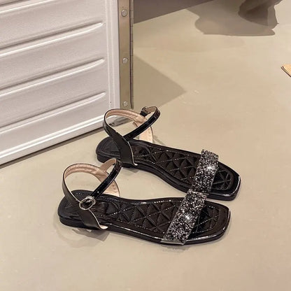 Luxury Crystal Square Toe Sandals Elegant Peep Toe Flat Slides Summer Fashionable Beach Shoes for Women