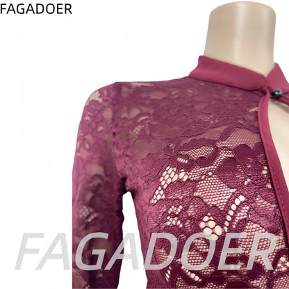 FAGADOER Sexy Lace See Through Corset Jumpsuit Women Hollowed-out Long Sleeve Bodycon Capri Pants Clubwear Night Party Outfit