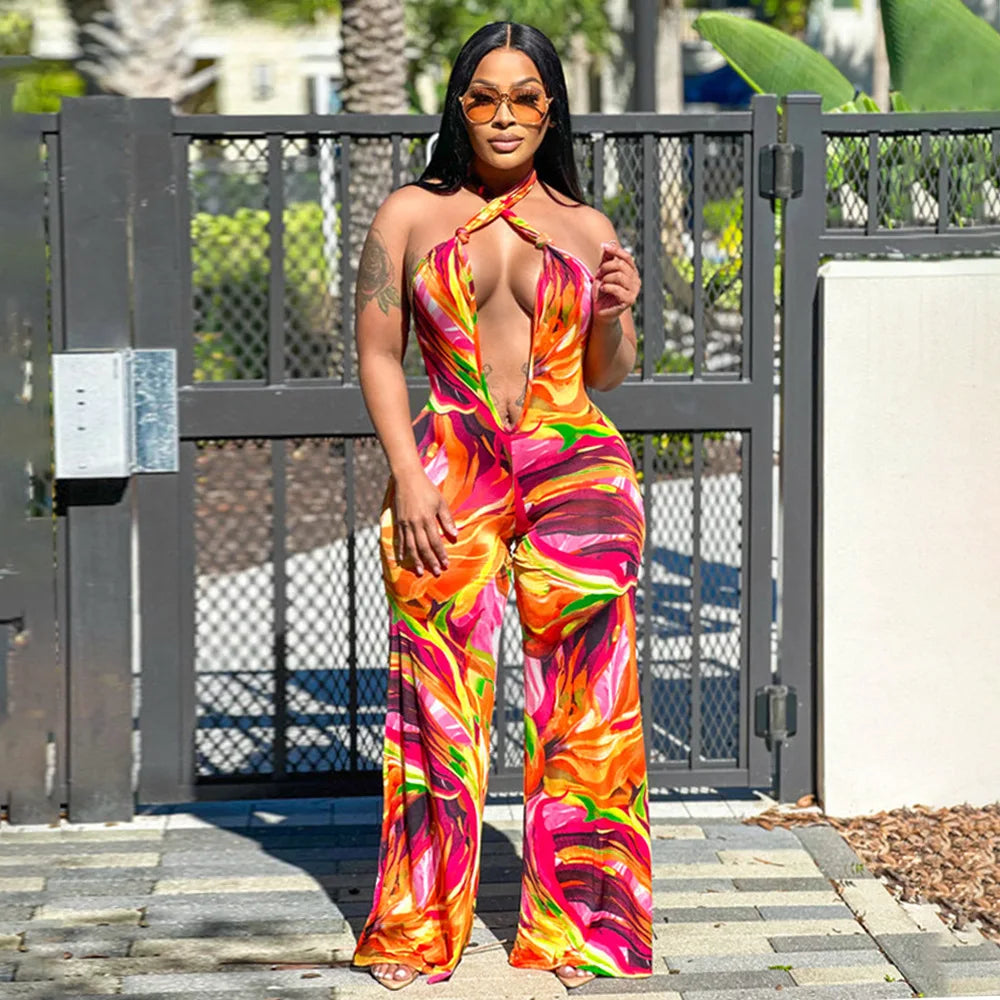 CM.YAYA Women Wide Leg V-neck Halter Sleeveless Print Jumpsuits 2024 Summer Night Club Street Playsuit One Piece Suit Rompers