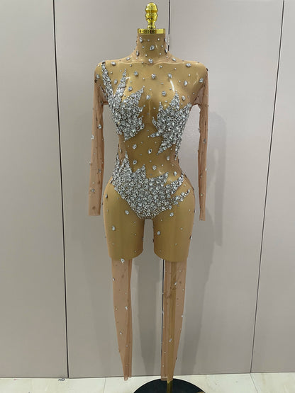 2026 Sparkly Diamonds High Stretch Mesh Jumpsuit Birthday Evening Party Bar Nightclub DJ Female Singer Stage Performance Costume