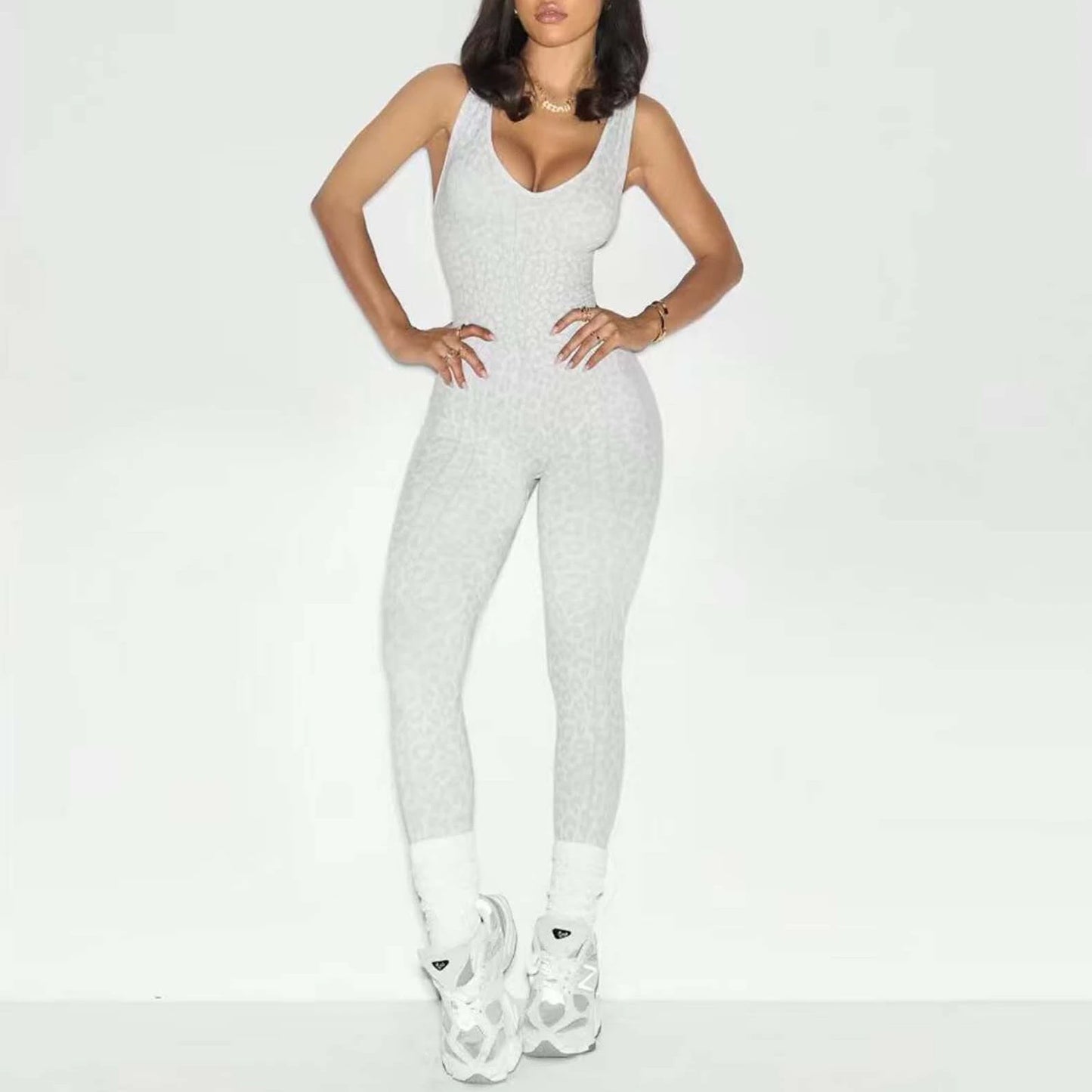 Women Sports Jumpsuits Leopard Deep V Bandage One Piece Yoga Pants Scrunch Workout Fitness Gym Training Athletic Tights Suits