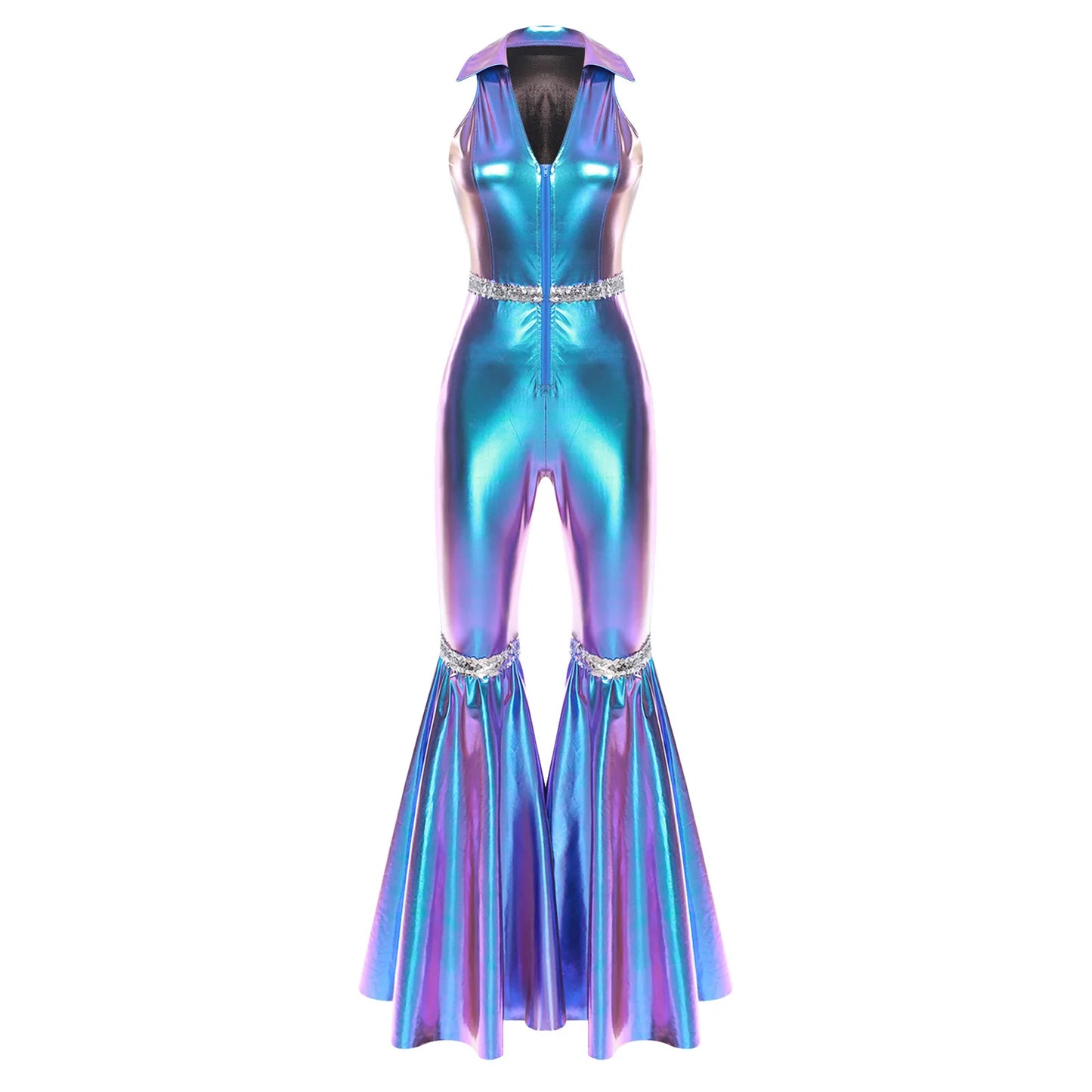 Adult Womens 70s Disco Rompers Lapel V Neck Sleeveless Front Zipper Sequins Bell Bottom Long Pants Jumpsuit Retro Jazz Dancewear
