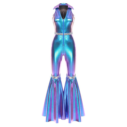 Adult Womens 70s Disco Rompers Lapel V Neck Sleeveless Front Zipper Sequins Bell Bottom Long Pants Jumpsuit Retro Jazz Dancewear