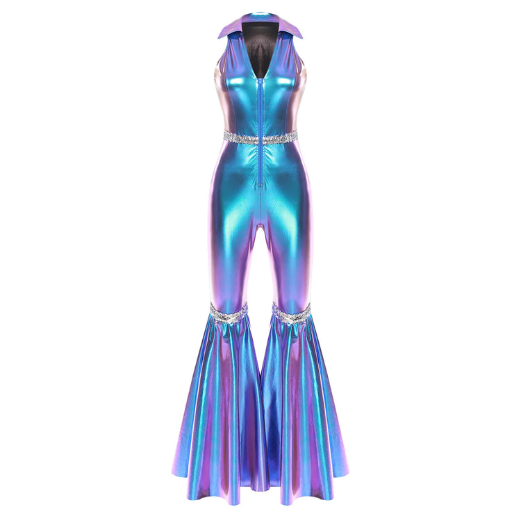 Adult Womens 70s Disco Rompers Lapel V Neck Sleeveless Front Zipper Sequins Bell Bottom Long Pants Jumpsuit Retro Jazz Dancewear