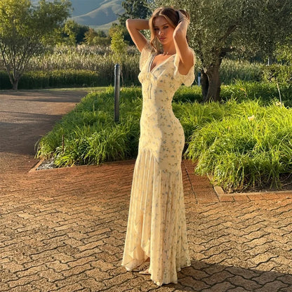 Fashion V-neck Floral Women Maxi Dress Flutter Sleeve Lace Trim High Waist Chiffon Vestidos Summer Female Daily Vacation Dresses
