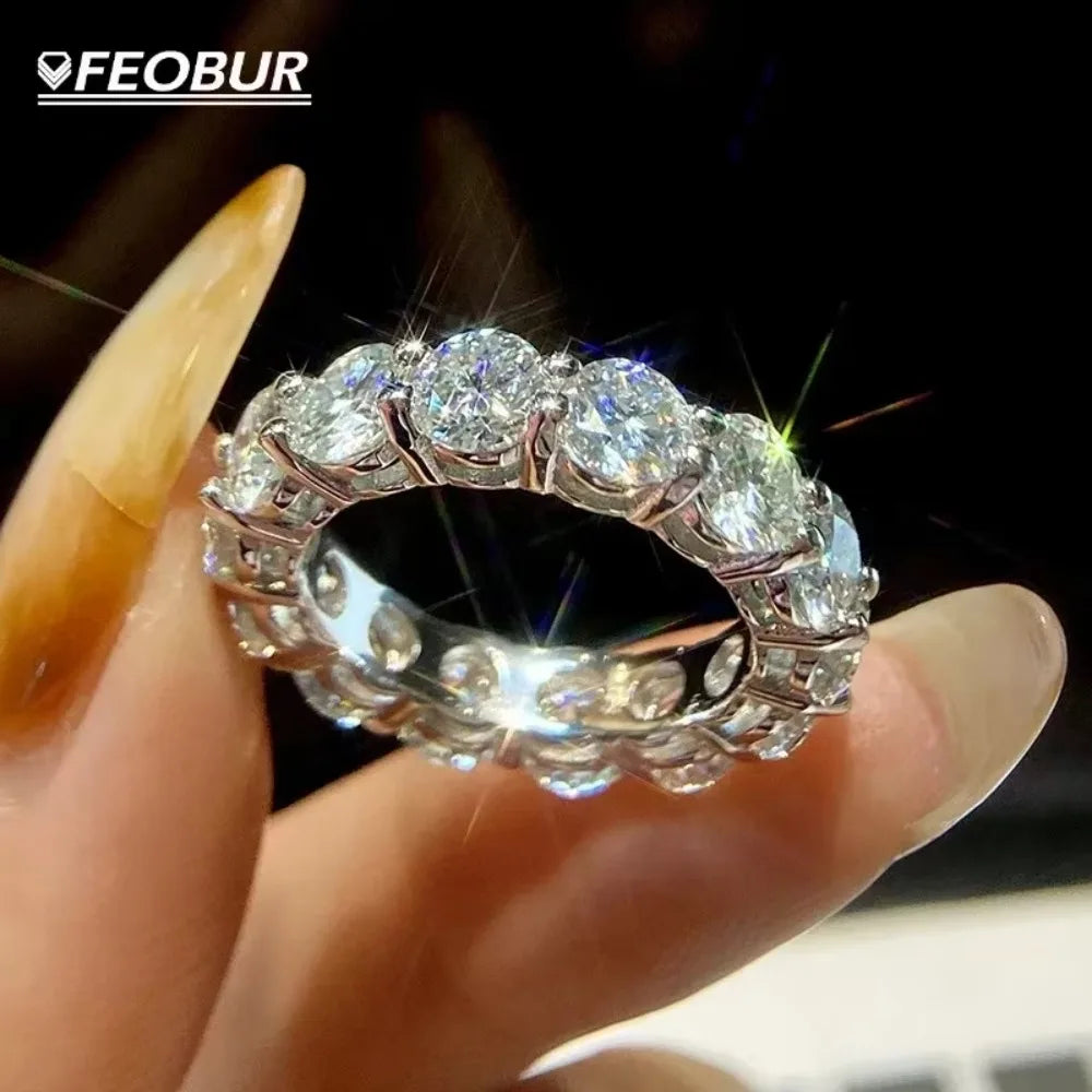 FEOBUR 5mm D Color Moissanite Ring with Certificate Women S925 Sterling Silver Full Diamond Eternity Band Wedding Jewelry Gift