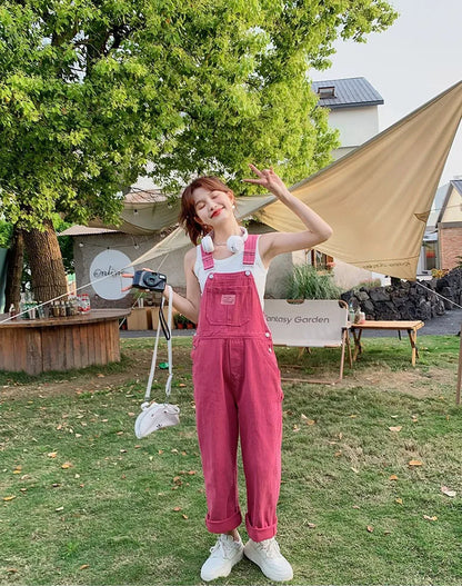 Vintage Pink Denim Overalls Adjustable Strap Wide Leg Jumpsuit Y2K Cute Campus Casual Pants