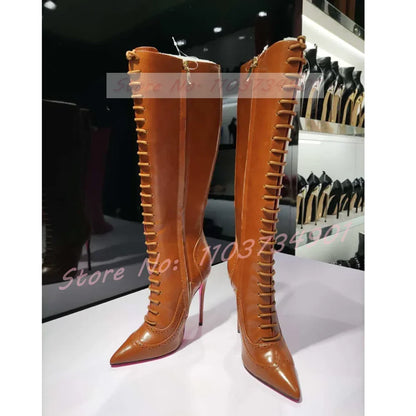 Pink Sole Zipper Knee Length Boots Women Sexy Nightclub Lace Up Pointy Toe High Heels Boots Lady Party Nifty Punk Fashion Shoes
