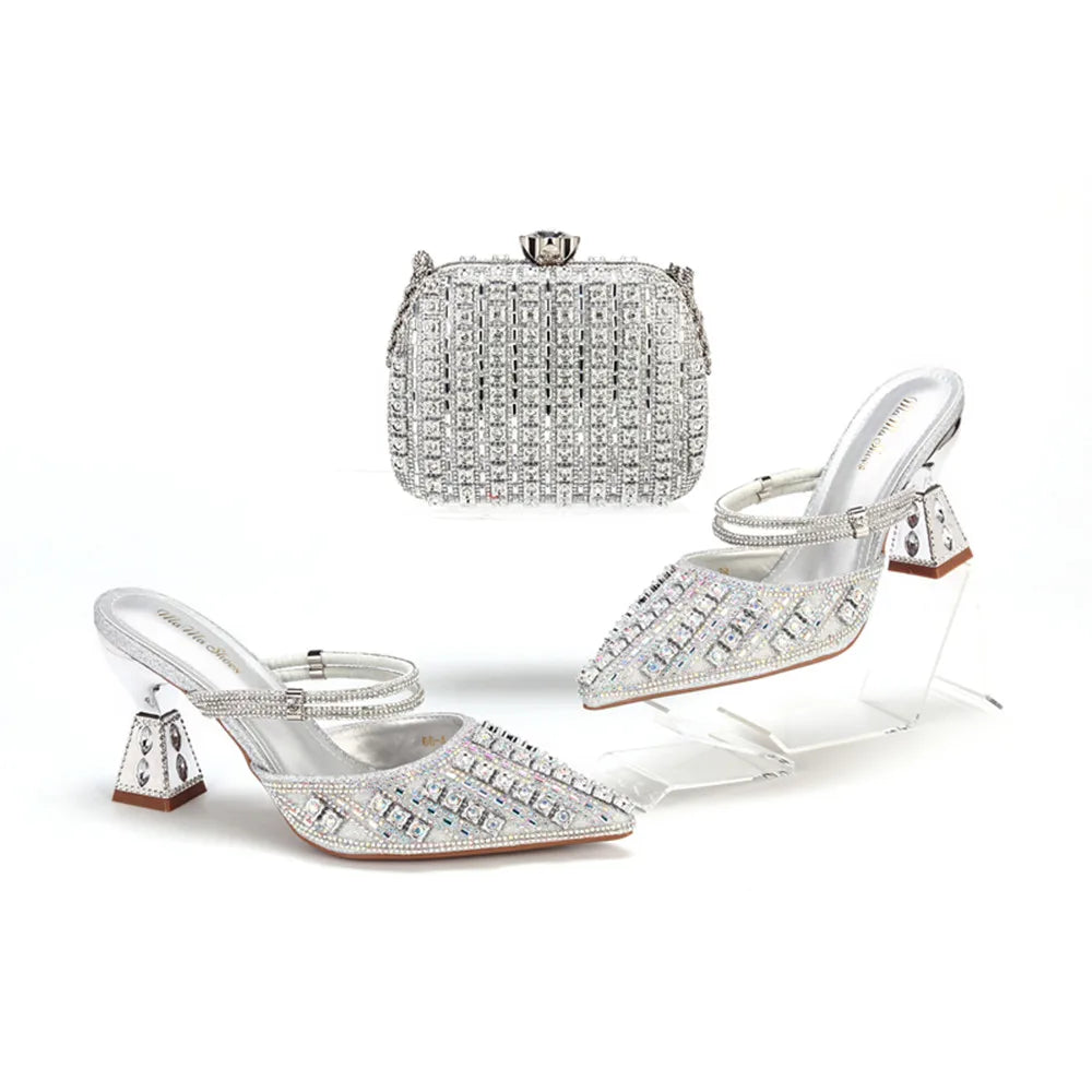 doershow African Wedding fashion Shoes and Bag Set silver Italian Shoes with Matching Bags Nigerian Women party! SVV1-1