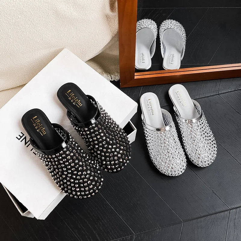 Summer Shoes for Women Slippers Luxury Rhinestone Rivets Casual Sandals Mesh Slip-on Loafers