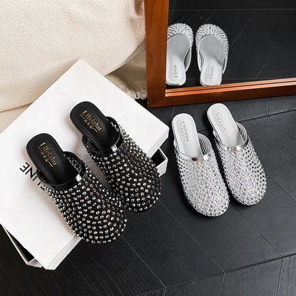 Summer Shoes for Women Slippers Luxury Rhinestone Rivets Casual Sandals Mesh Slip-on Loafers