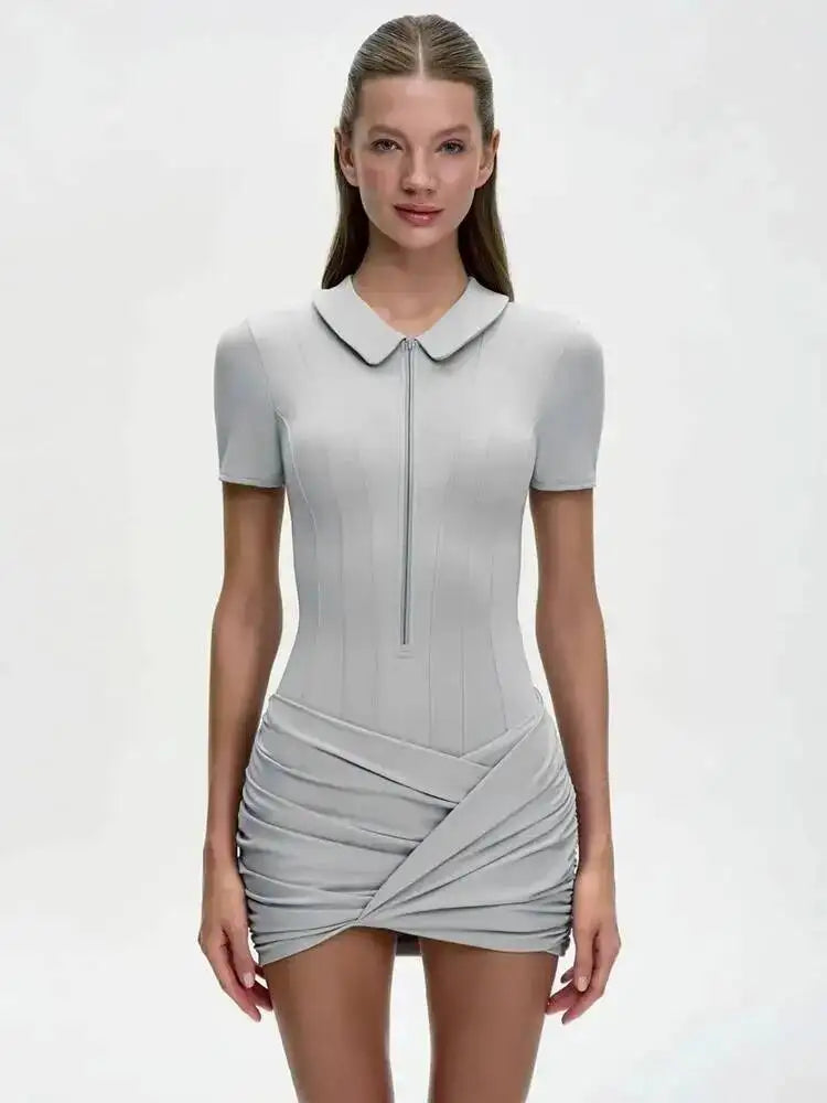 Sibybo Polo Collar Zipper Women Jumpsuits Set Short Sleeve High Elastic Rompers Ruched Bodycon Skirt Spring Casual Matching Sets