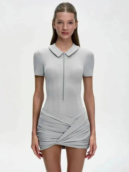 Sibybo Polo Collar Zipper Women Jumpsuits Set Short Sleeve High Elastic Rompers Ruched Bodycon Skirt Spring Casual Matching Sets