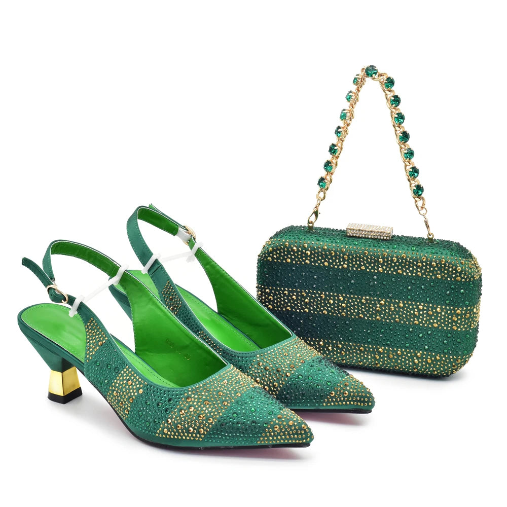 Luxury Italian Shoes and Bag Set for Women Elegant Shoes Woman Heel Nigeria Party Shoes and Bags for Women Rhinestone Pumps