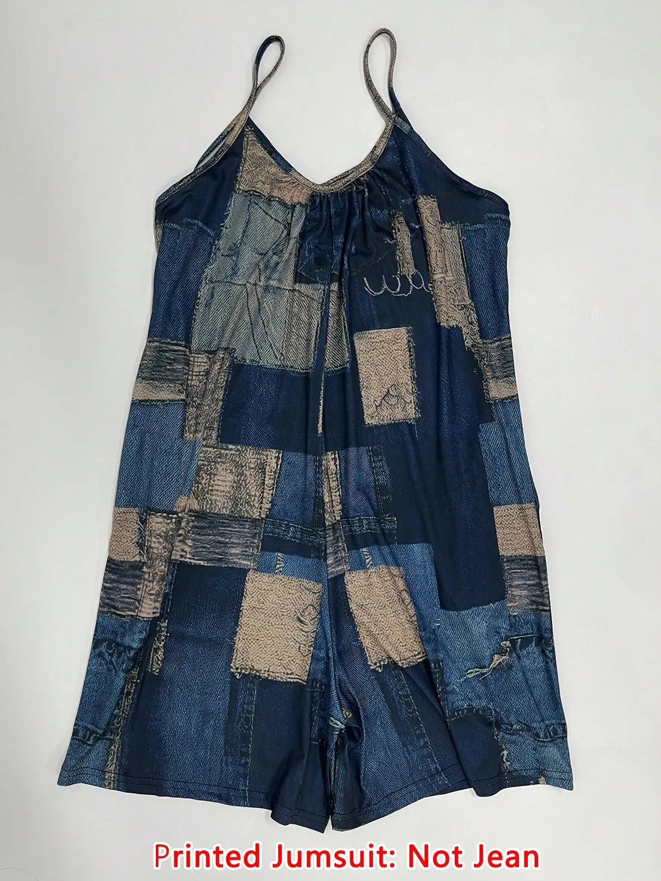 Women's Faux Denim Print Spaghetti Strap Romper Summer Casual Sleeveless V Neck Loose Short Jumpsuit With Pocket
