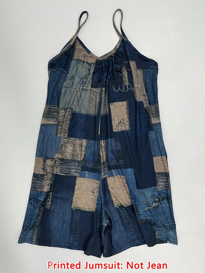 Women's Faux Denim Print Spaghetti Strap Romper Summer Casual Sleeveless V Neck Loose Short Jumpsuit With Pocket