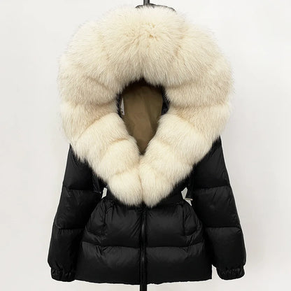Hot Sale Women Luxury Black Down Jacket Waist‑Cinched Design High‑End Elegant Real Big Fox Fur Hooded Collar Winter Outerwear