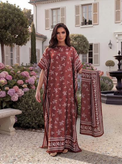 Boho Floral Polka Dot Print Satin Abaya Scarf Set, Loose Batwing Maxi Kaftan For Muslim Women Summer Beach Daily Holiday Wear