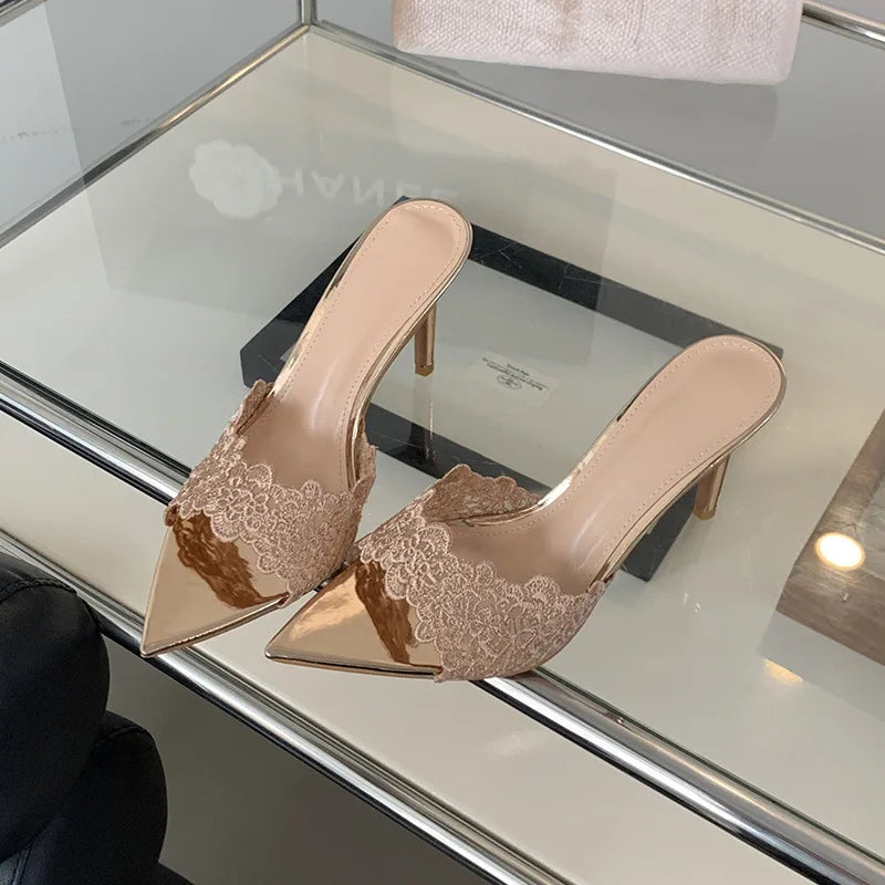 Luxury Lace Crochet Mule Slipper Woman Brand Design Point Toe High Heel Slide Sandal Ladies Elegant Evening Party Stiletto Shoes