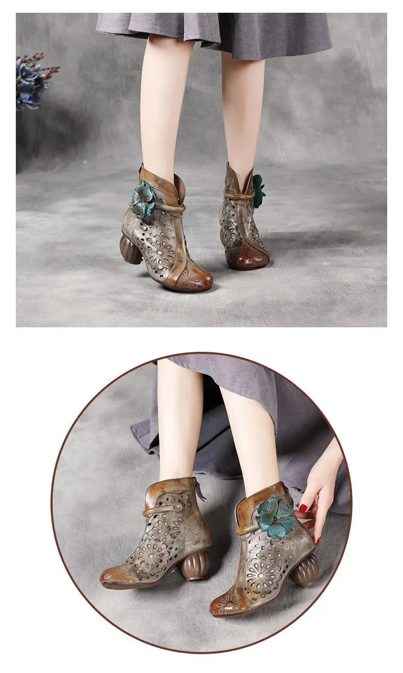 Myjyjz 6cm Genuine Leather Chunky Heels Hollow Women Shoes Ethnic Ankle Boots Zip Summer Pumps Flower Sandals (Size Runs Small）