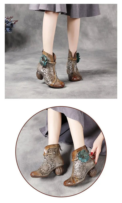 Myjyjz 6cm Genuine Leather Chunky Heels Hollow Women Shoes Ethnic Ankle Boots Zip Summer Pumps Flower Sandals (Size Runs Small）