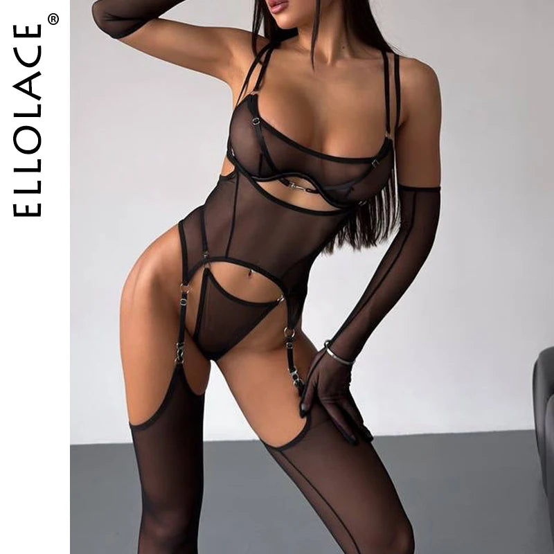 Ellolace Solid Women's Lingerie Sets Seductive See Through Bra Belt Thong 3PC with Gloves Stockings Sissy Sexy Women's Underwear