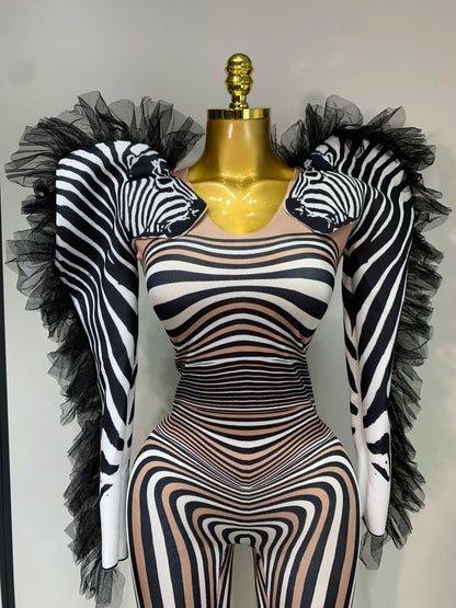 Women Long Sleeve Zebra Stripes Bodycon Jumpsuit Two Piece Set Birthday Party Nightclub Stage Performance Halloween Rompers