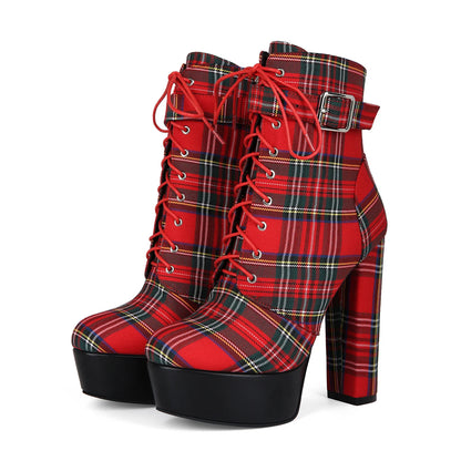 Mixed Colors Red Pointed Toe Belt Buckle Mid-Calf Lace Up Women Boots Stiletto High Heels Side Zipper Design Large Size Shoes