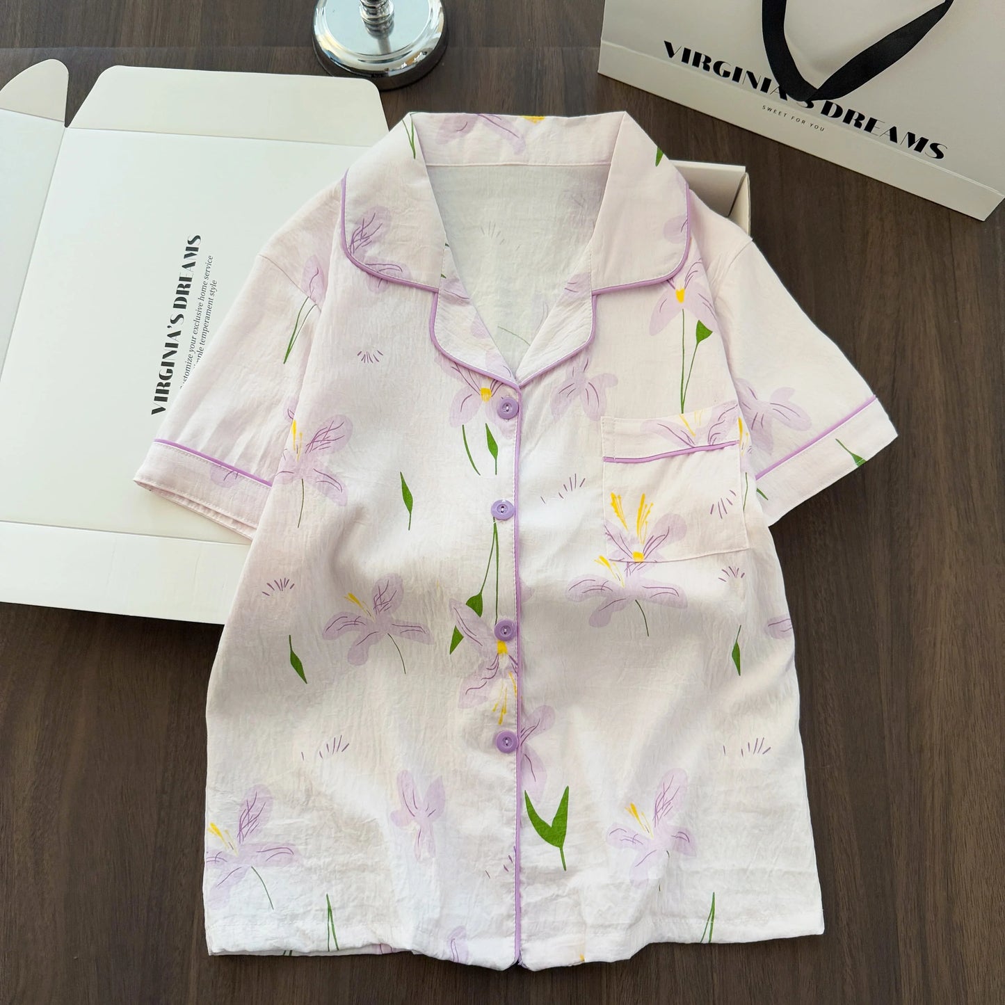 Women Summer Lapel Open Front Pajama Set Short Sleeve Top Shorts, Sweet Ins Teen Loungewear, Casual Daily Outdoor Home Wear Suit