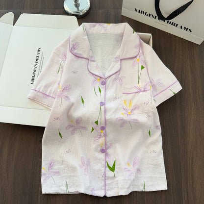 Women Summer Lapel Open Front Pajama Set Short Sleeve Top Shorts, Sweet Ins Teen Loungewear, Casual Daily Outdoor Home Wear Suit