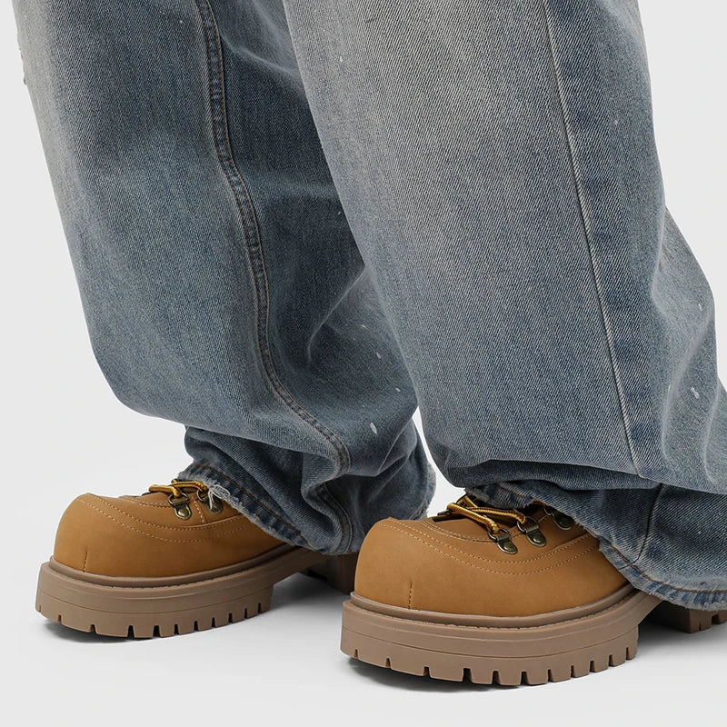 Men High Cut Thick Soled Motorcycle Boots with Trendy Round Toe Straps Comfortable Classic Business Leisure Commuting Men Boots