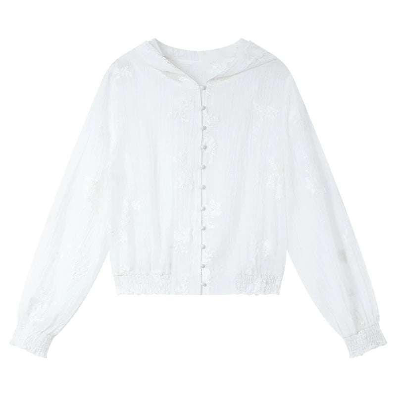VIMLY Women's White Hooded Jacket 2026 Spring Autumn Smocked Cuff Embroidered Outerwear Casual Female Sheer Top Woman  A0796