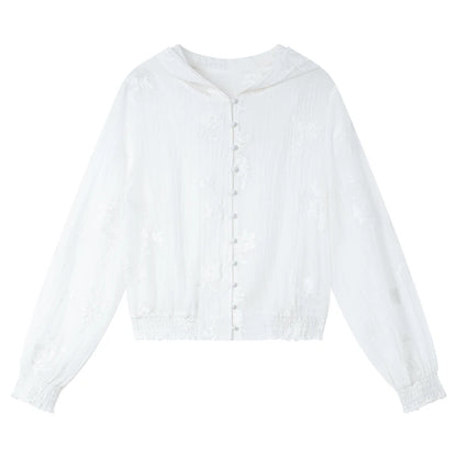 VIMLY Women's White Hooded Jacket 2026 Spring Autumn Smocked Cuff Embroidered Outerwear Casual Female Sheer Top Woman  A0796