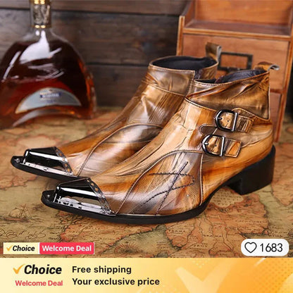 Fashion Luxury Men Boots Genuine Leather Ankle Sanke Boots Men Italian Business Dress Shoes Pointed Toe Cowboy Boots
