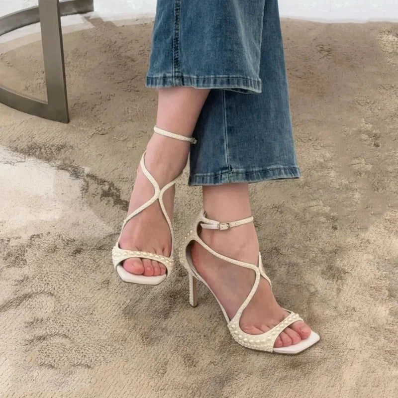 2025 Summer New Luxury White Pearls Decorated Women's Sandals Ankle Straps High Heels Square Toe Party Wedding Sexy Femme Shoes