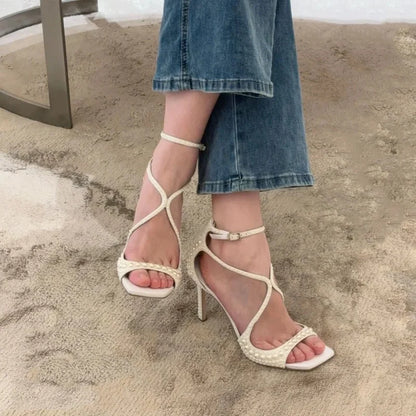 2025 Summer New Luxury White Pearls Decorated Women's Sandals Ankle Straps High Heels Square Toe Party Wedding Sexy Femme Shoes