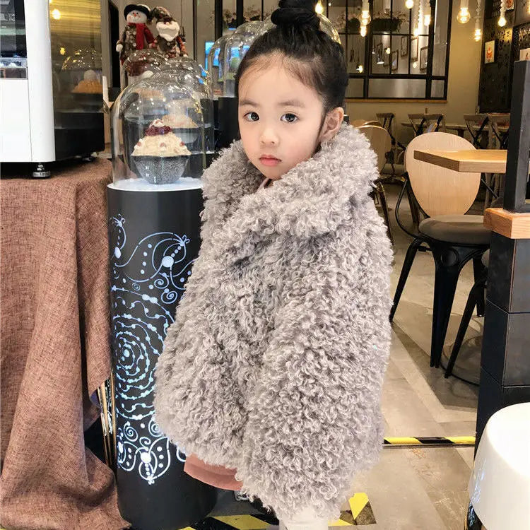 Autumn Winter Girls Warm Coat 2025 New Korean Fashion Faux Fur Thicken Solid Color Turn-down Collar Plush Jacket