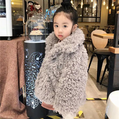 Autumn Winter Girls Warm Coat 2025 New Korean Fashion Faux Fur Thicken Solid Color Turn-down Collar Plush Jacket