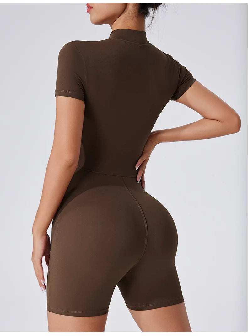 Zipper Dance Gym Jumpsuit Short Sleeve Playsuit Women Romper Sexy Yoga Fitness Overalls One Piece Sports Suit Workout Clothes