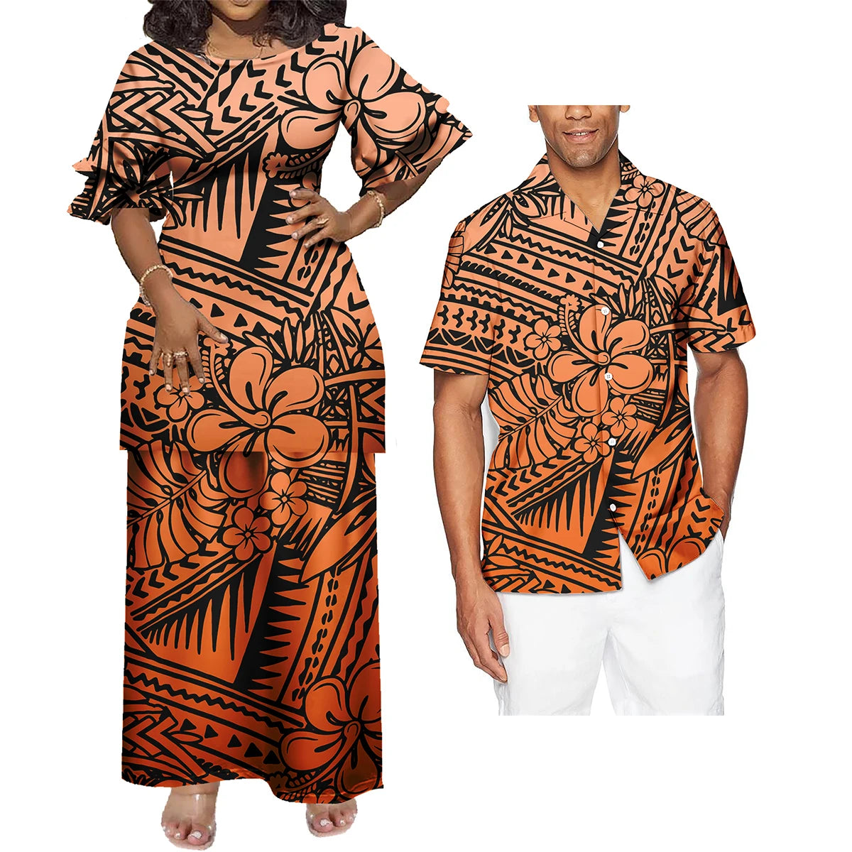 New Wholesale Custom Polynesian Tribal Design Petal Sleeve Samoan Puletasi Set Ptaha Plus Size Women 2 Piece Outfits Sets Dress