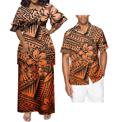 New Wholesale Custom Polynesian Tribal Design Petal Sleeve Samoan Puletasi Set Ptaha Plus Size Women 2 Piece Outfits Sets Dress