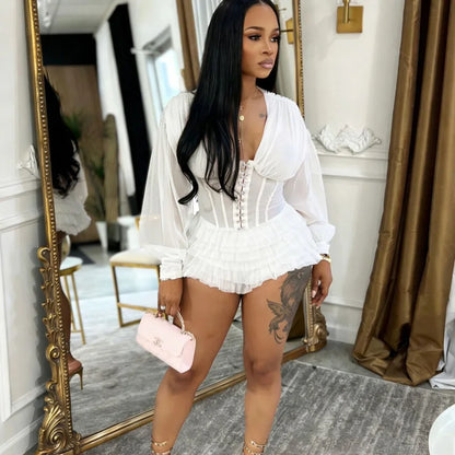 Sexy Mesh Corset Jumpsuit Women Gothic Ruffle Layered Rompers Long Sleeve Sheer Bodysuit Cross-pants Party Nightclub Romper