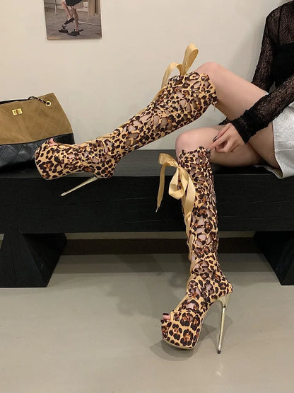 Aneikeh Sexy Leopard Print Hollow Out Ultra-high Heels Knee-High Boots Lady Club Stripper Peep Toe Platform Sandal Long Booties