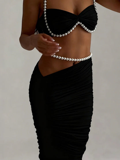 Weird Puss Sexy Bead Patchwork 2-Piece Set Women Ruched Halter Bra+Waistless Bottom Matching Elegant Beach Vacation Slim Outfits