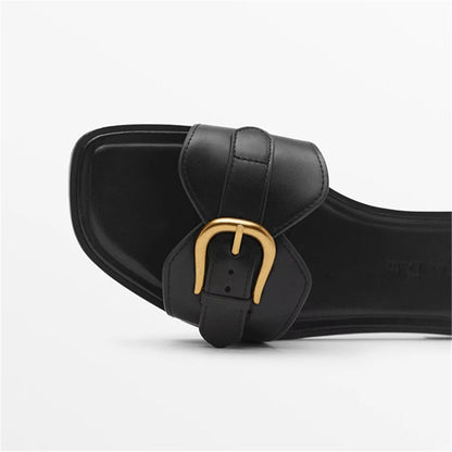 Slippers for Woman 2025 Summer Beach Flats Ladies Buckle Slides Gladiator Sandals Luxury Leather Mules Zapatos Mujer