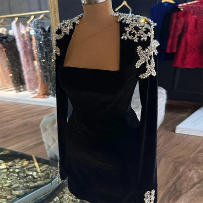 2025 Fascinating Square Collar Evening Dresses Exquisite Sparkling Beading Sexy Mermaid Customized Long Sleeves Short Prom Gowns