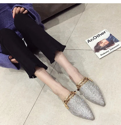 2025 New Summer Shoes for Women Luxury Slipper Girl Bling Crystal Chain Casual Flat Sandals Girl Pointed Toe Slides