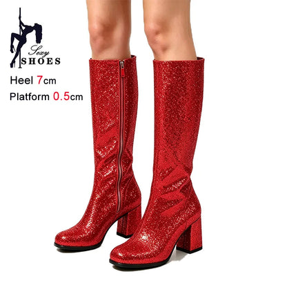 7CM Block Heel Pink Glitter Knee High Boots Women Square Toe Side Zipper Fashion Long Shoes Party Nightclub Long Pipe Booties
