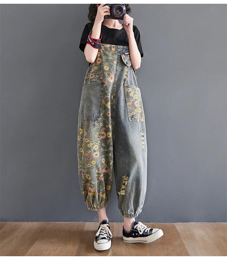 Casual Oversized Print Floral Denim Overalls For Women Loose Wide Leg Mom Jeans Rompers And Jumpsuit Cargo Straps Baggy Pants