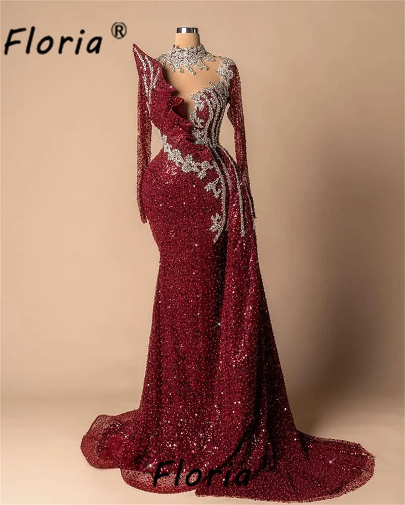 Dubai Burgundy Beaded Mermaid Evening Dresses Stunning Sequin Crystals Wedding Party Gowns Woman Customized Vestidos de noche
